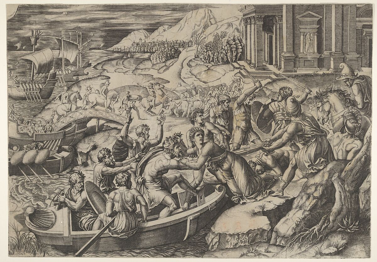 The abduction of Helen; battle scene on a shore with two men pulling Helen into a boat at center and another man pulling on her drapery in the opposite direction, Marcantonio Raimondi (Italian, Argini (?) ca. 1480–before 1534 Bologna (?)), Engraving 