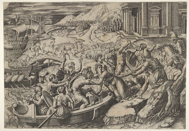The abduction of Helen; battle scene on a shore with two men pulling Helen into a boat at center and another man pulling on her drapery in the opposite direction