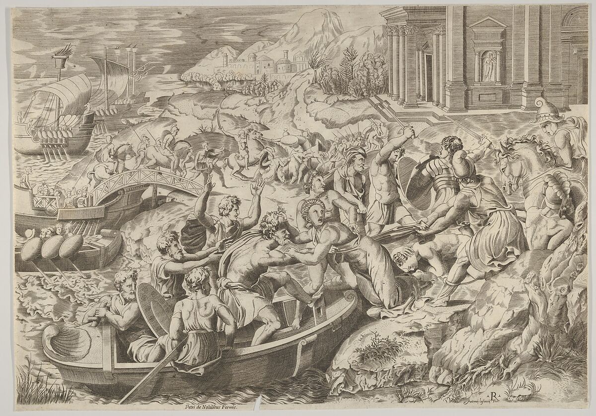 The abduction of Helen; battle scene on a shore with two men pulling Helen into a boat at center and another man pulling on her drapery in the opposite direction, Marco Dente (Italian, Ravenna, active by 1515–died 1527 Rome), Engraving 