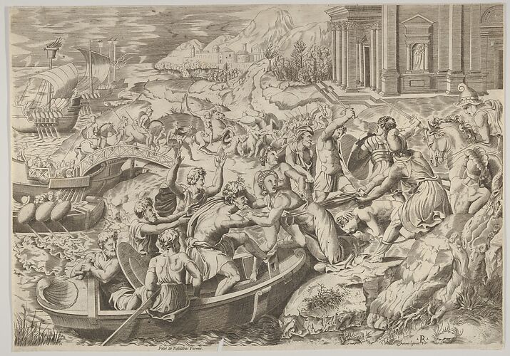 The abduction of Helen; battle scene on a shore with two men pulling Helen into a boat at center and another man pulling on her drapery in the opposite direction