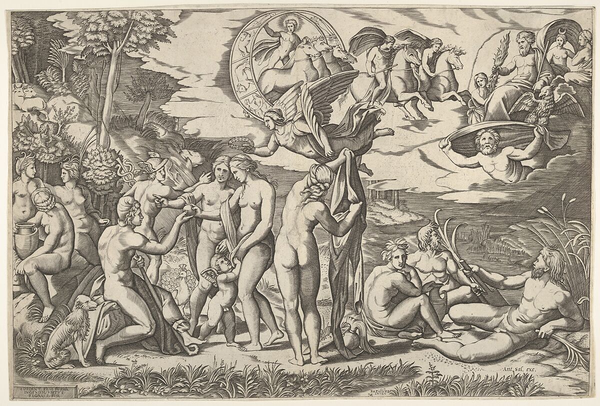 Judgment of Paris: Paris extends his hand toward Venus, who stands between Juno and Minerva, surrounded by reclining and seated figures; above are a winged figure carrying a laurel wreath, a charioteer driving four horses, Castor and Pollux, and Jupiter accompanied by Ganymede, an eagle, Diana, and two other female figures, After Marcantonio Raimondi (Italian, Argini (?) ca. 1480–before 1534 Bologna (?)), Engraving 