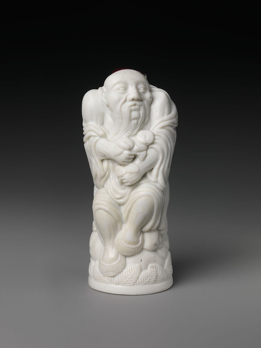 Snuff Bottle Depicting the God of Longevity, White biscuit porcelain with ruby matrix stopper, China 