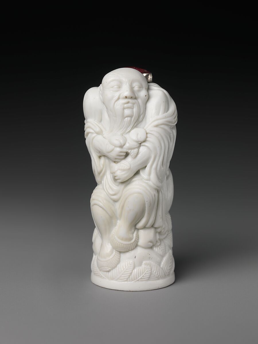 Snuff Bottle Depicting the God of Longevity, White biscuit porcelain with ruby matrix stopper, China