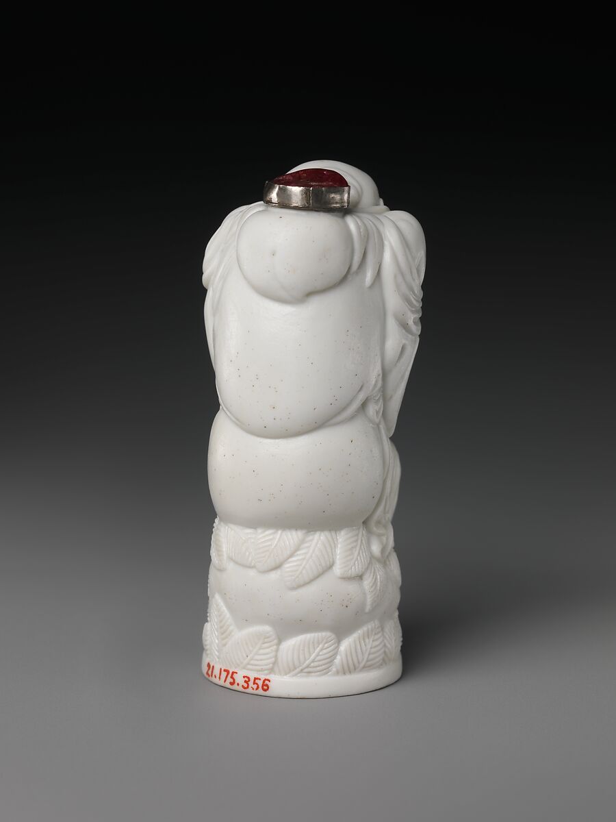 Snuff Bottle Depicting the God of Longevity, White biscuit porcelain with ruby matrix stopper, China