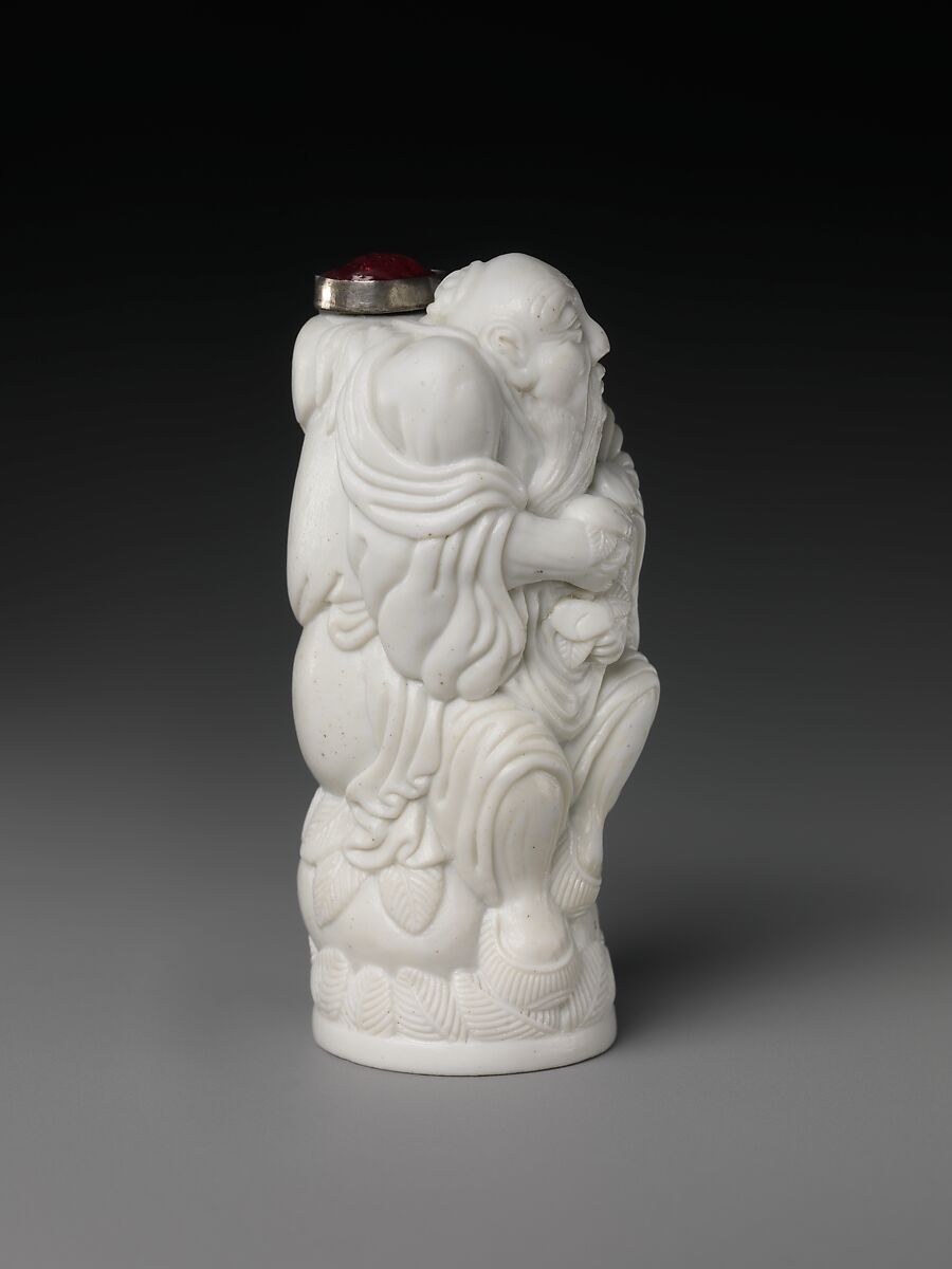 Snuff Bottle Depicting the God of Longevity, White biscuit porcelain with ruby matrix stopper, China