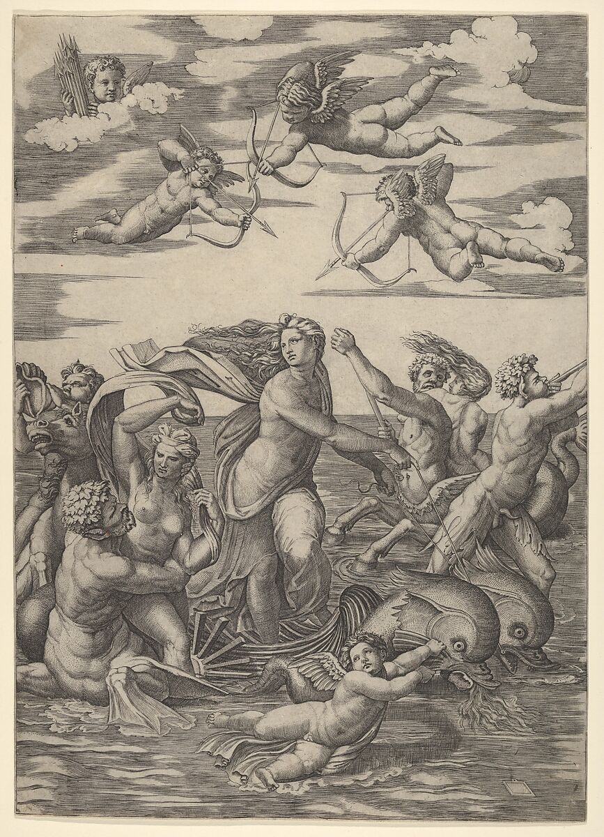 Galatea standing in a water-chariot pulled by two dolphins, surrounded by tritons, nereids, and putti, three of which prepare to shoot arrows from above, Marcantonio Raimondi (Italian, Argini (?) ca. 1480–before 1534 Bologna (?)), Engraving 