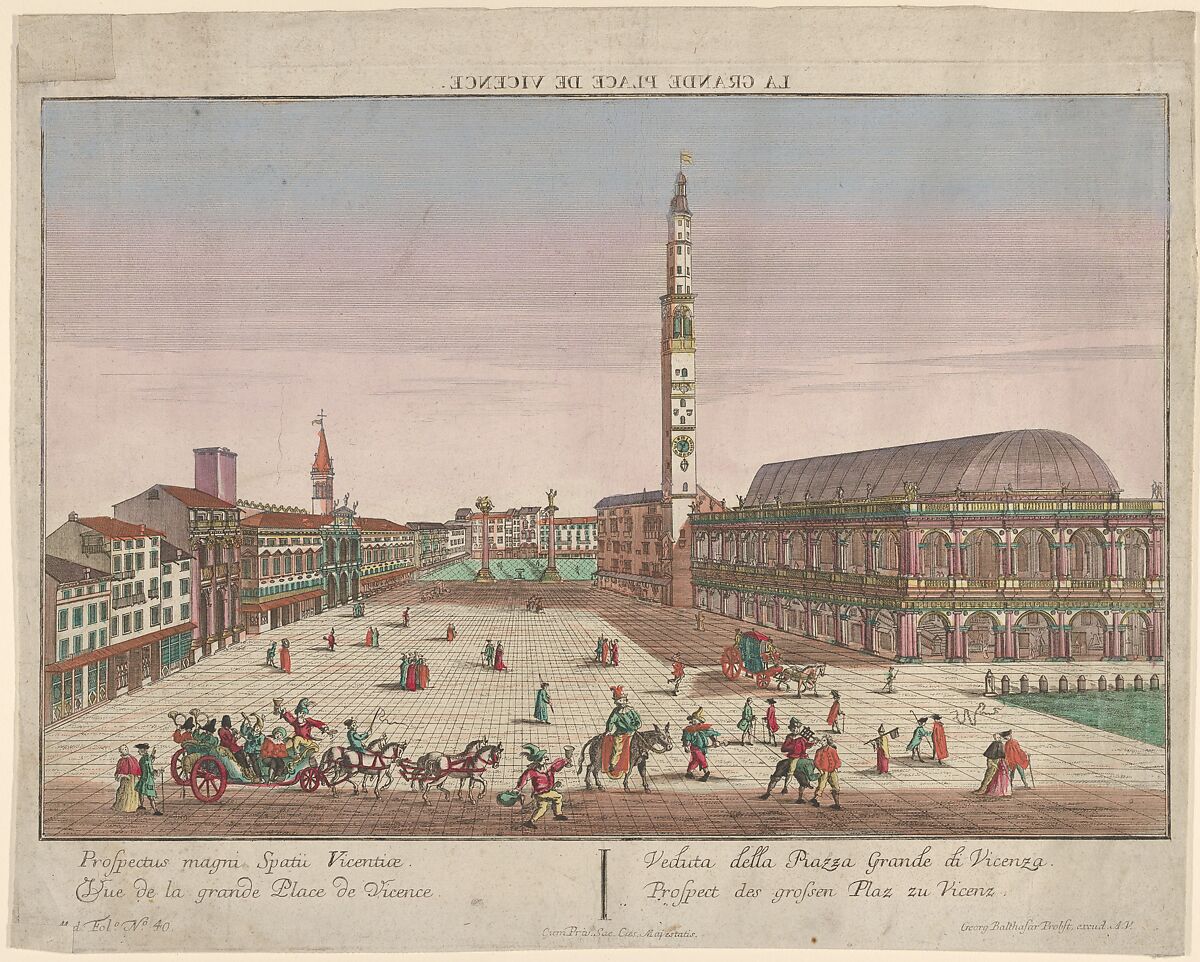 View of the Piazza dei Signori of Vicenza with horse-drawn carriages and figures walking in the square, Georg Balthasar Probst (German, Augsburg 1732–1801 Augsburg), Etching with hand coloring 