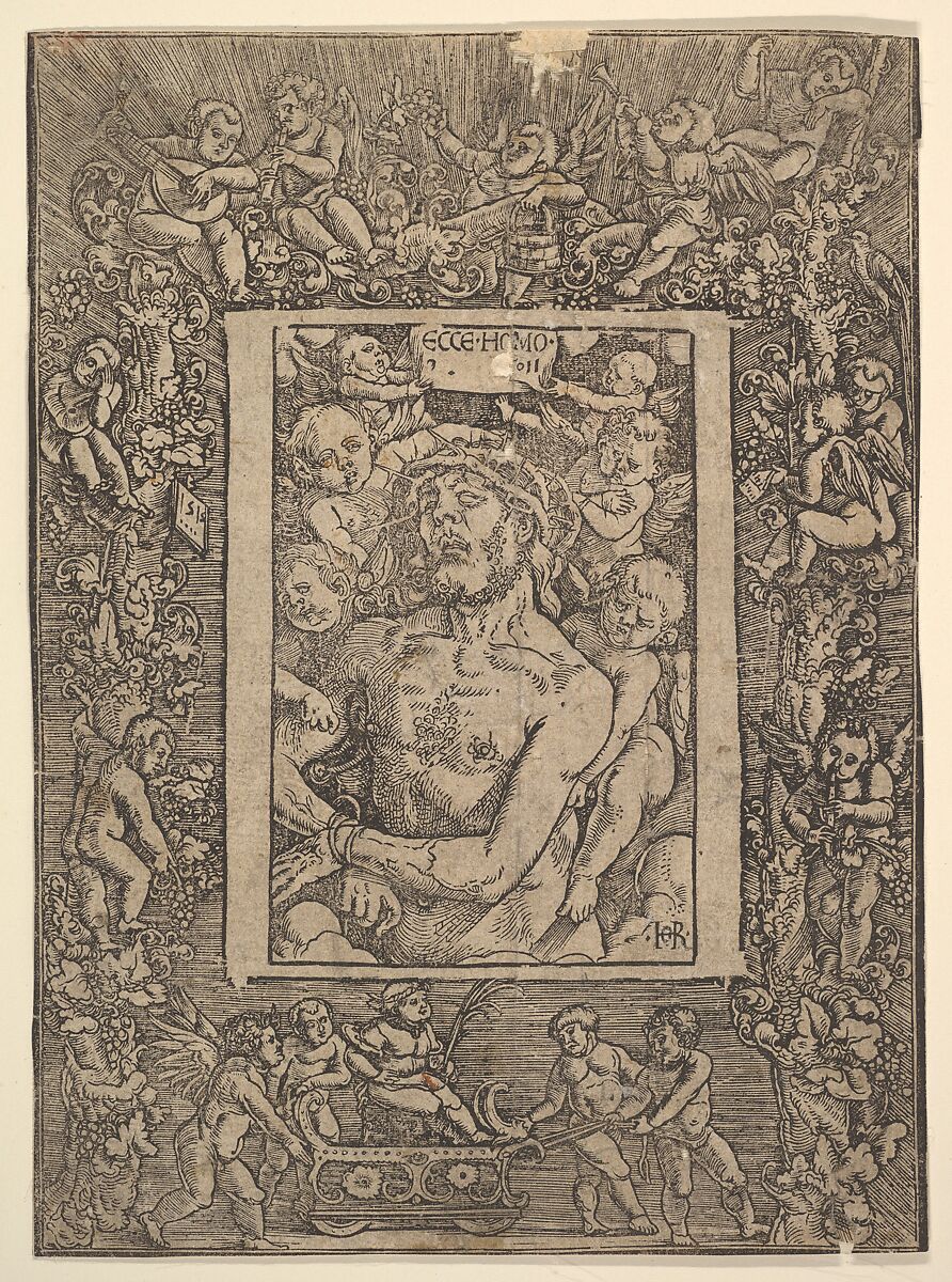 Ecce Homo with Ornamental Border showing the Triumph of Bacchus, Hans Baldung (called Hans Baldung Grien) (German, Schwäbisch Gmünd (?) 1484/85–1545 Strasbourg), Woodcut 