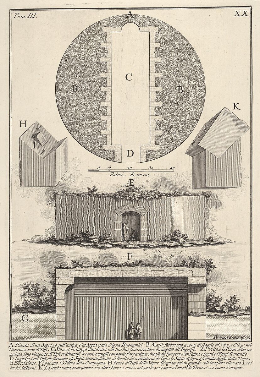 Plan of a tomb on the Appian Way in Vigna Buonamici (Pianta di un sepolcro sull'antica Via Appia nella Vigna Buonamici), from "Le Antichità Romane", Giovanni Battista Piranesi (Italian, Mogliano Veneto 1720–1778 Rome), Etching 