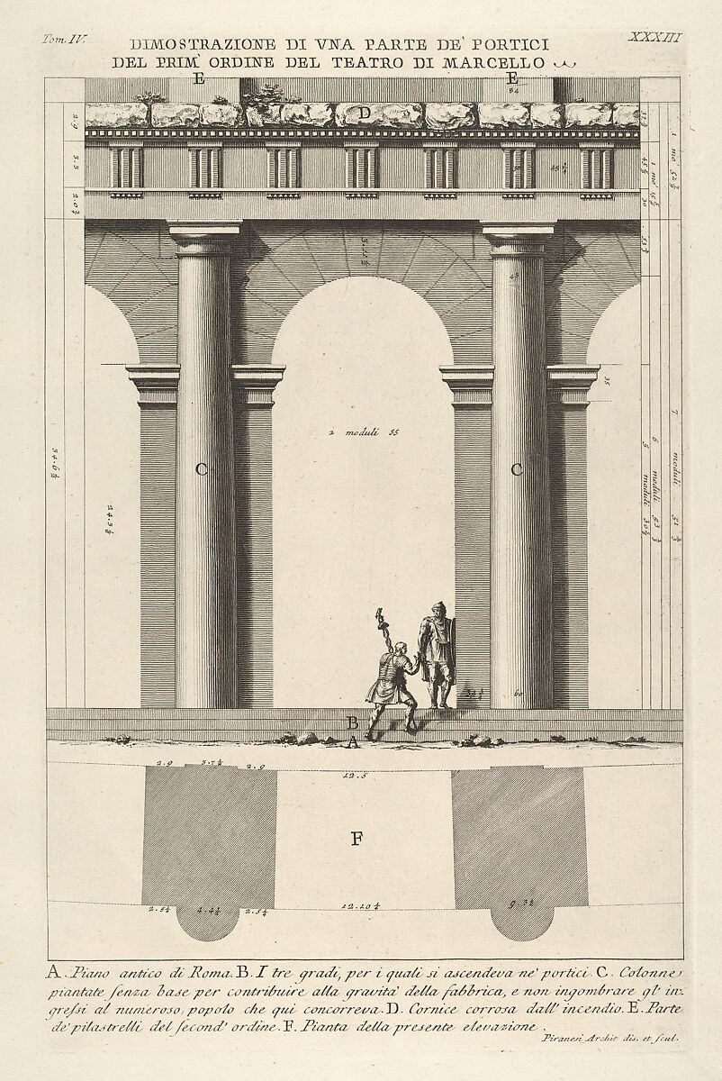 Partial elevation and plan of the first-order portico at the Theater of Marcellus (Dimostrazione di una parte de' portici del prim' ordine del Teatro di Marcello), from "Le Antichità Romane", Giovanni Battista Piranesi (Italian, Mogliano Veneto 1720–1778 Rome), Etching 