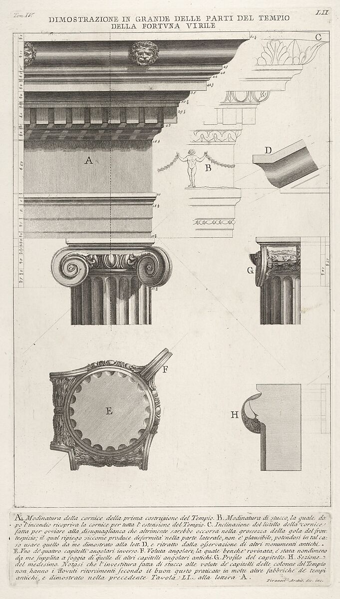 Cornice and column from the Temple of Fortuna Virilis (Tempio della Fortuna Virile), from "Le Antichità Romane", Giovanni Battista Piranesi (Italian, Mogliano Veneto 1720–1778 Rome), Etching 