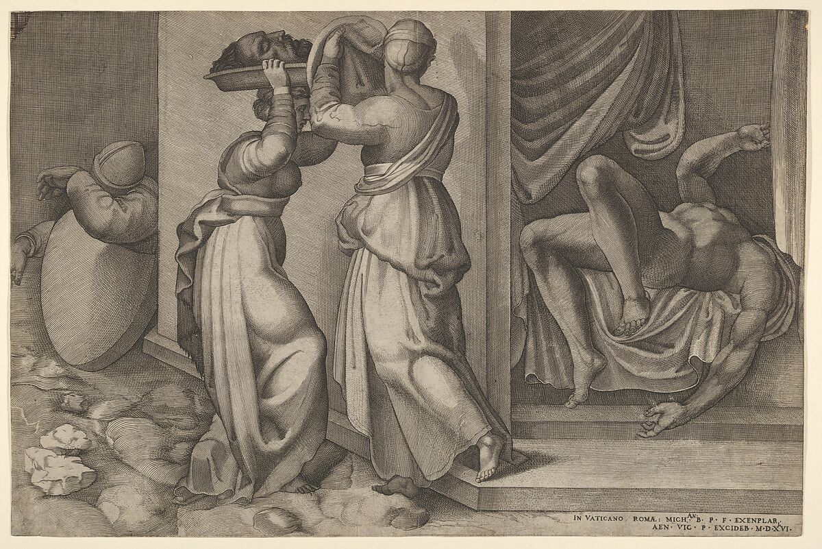 Judith giving the head of Holofernes on a platter, which is about to be covered with a cloth, to her servant, with the foreshortened, naked body of Holofernes at right, Enea Vico (Italian, Parma 1523–1567 Ferrara), Engraving 