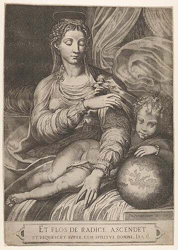 Madonna of the Rose, she reaches for a rose held by the Christ child, who rests his left arm on a globe