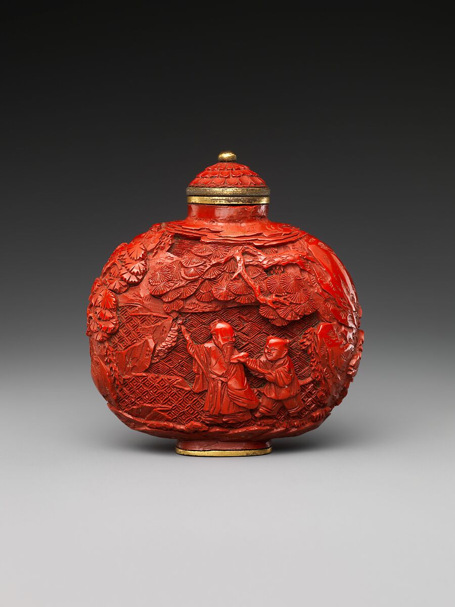 Snuff bottles with figures in landscape, Carved red lacquer, China 