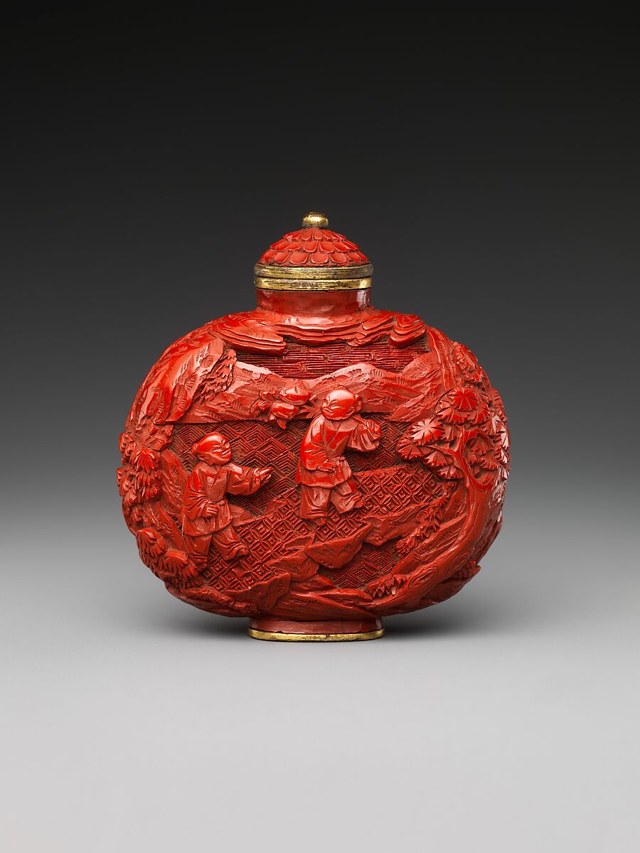 Snuff bottles with figures in landscape, Carved red lacquer, China