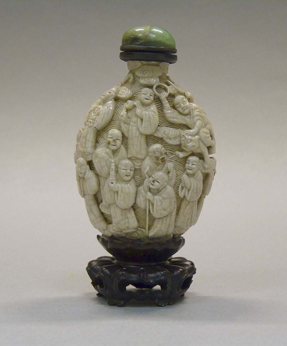Snuff Bottle, White porcelain with green jadeite stopper, China 