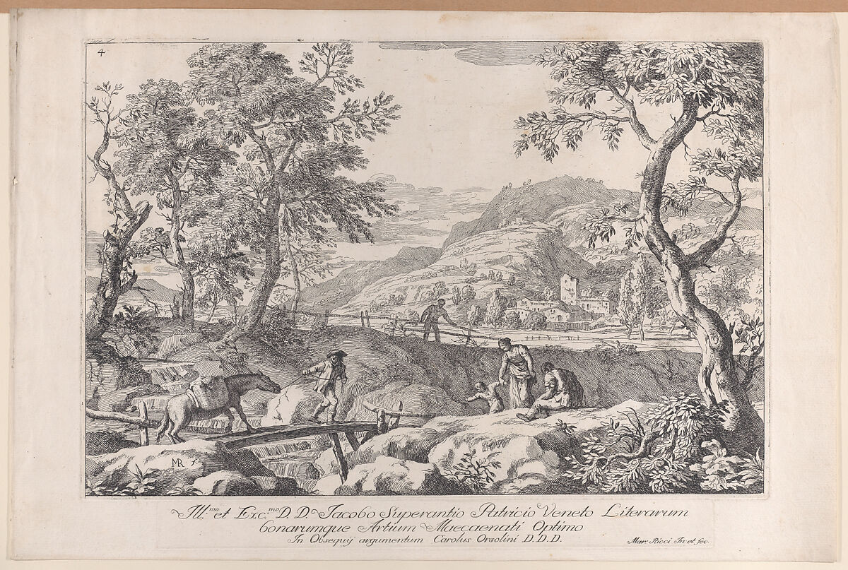 Plate 4: Landscape with man leading a pack horse across a wooden bridge, three figures in right foreground, the silhouette of a man standing at a fence beyond, from "Landscapes", Marco Ricci (Italian, Belluno 1676–1730 Venice (?)), Etching