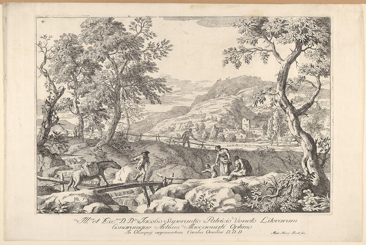 Plate 4: landscape with man leading a pack horse across a wooden bridge, three figures in right foreground, the silhouette of a man standing at a fence beyond, from 'Landscapes', Marco Ricci (Italian, Belluno 1676–1730 Venice (?)), Etching 