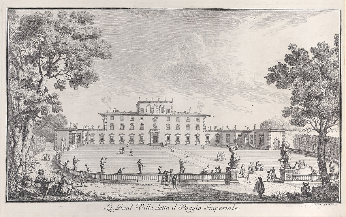 The Royal Villa called il Poggio Imperiale (La Real Villa detta il Poggio Imperiale), view of the façade and balustrade with statuary, from "Views of the city and other places of Tuscany" (Vedute delle ville e d'altri luoghi della Toscana), Giuseppe Zocchi (Italian, Florence 1711–1767 Florence), Etching