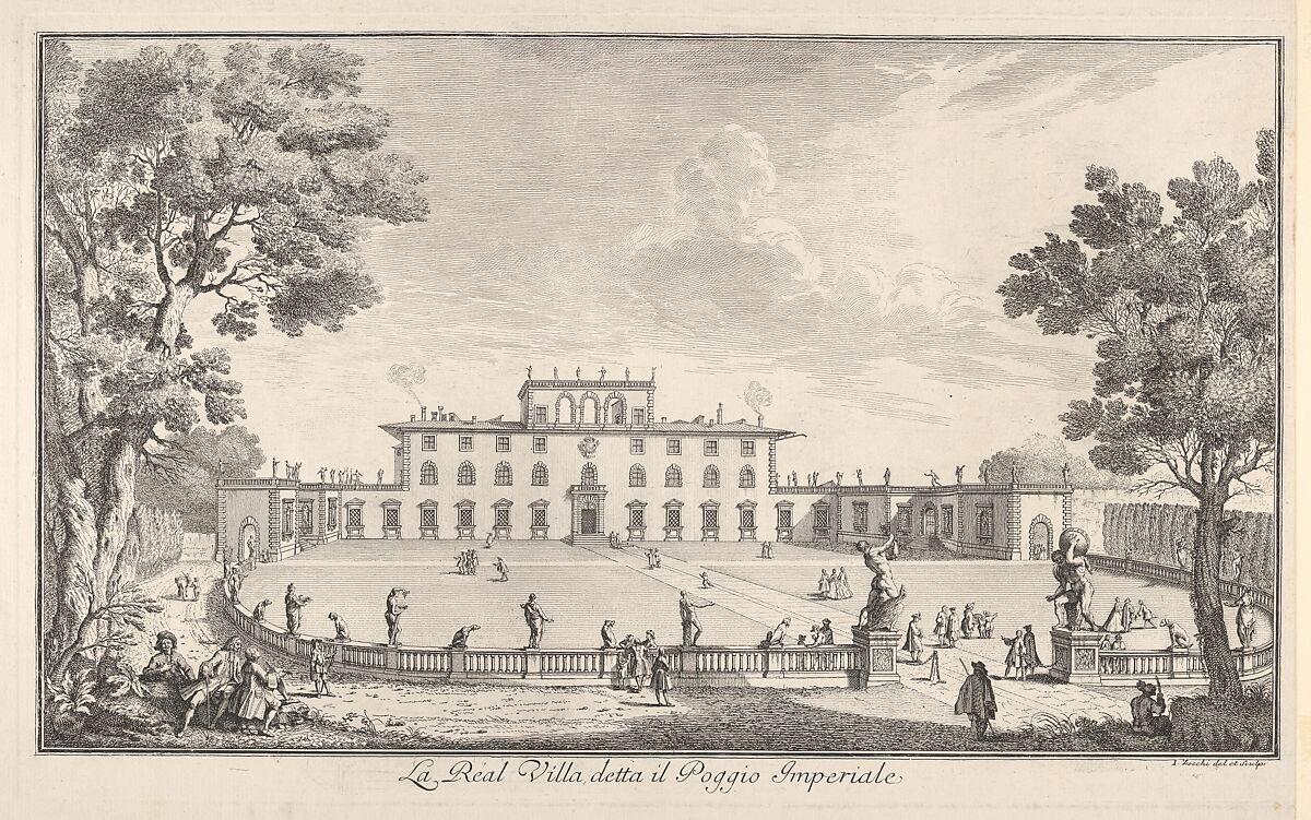 The Royal Villa called il Poggio Imperiale (La Real Villa detta il Poggio Imperiale), view of the facade and balustrade with statuary, from 'Views of the city and other places of Tuscany' (Vedute delle ville e d'altri luoghi della Toscana), Giuseppe Zocchi (Italian, Florence 1711–1767 Florence), Etching 