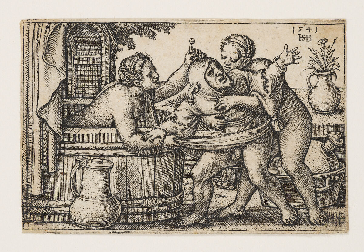 Buffoon and Two Women, Sebald Beham  German, Engraving