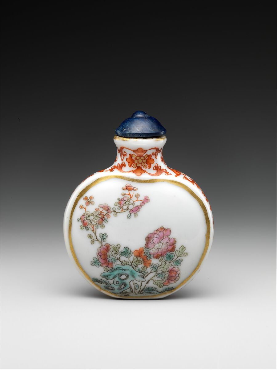 Snuff bottle with flowers and rocks, Porcelain painted with colored enamels over a transparent glaze (Jingdezhen ware) and blue glass stopper, China 