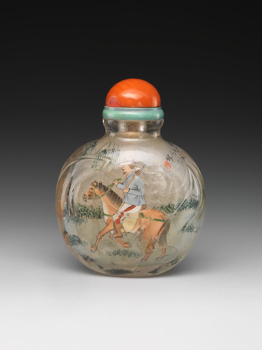 Snuff Bottle, Crystal painted inside, coral stopper, China 