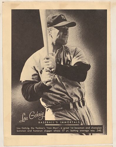 Lou Gehrig, from Baseball's Immortals series (R401-4), issued by Leaf Gum Company