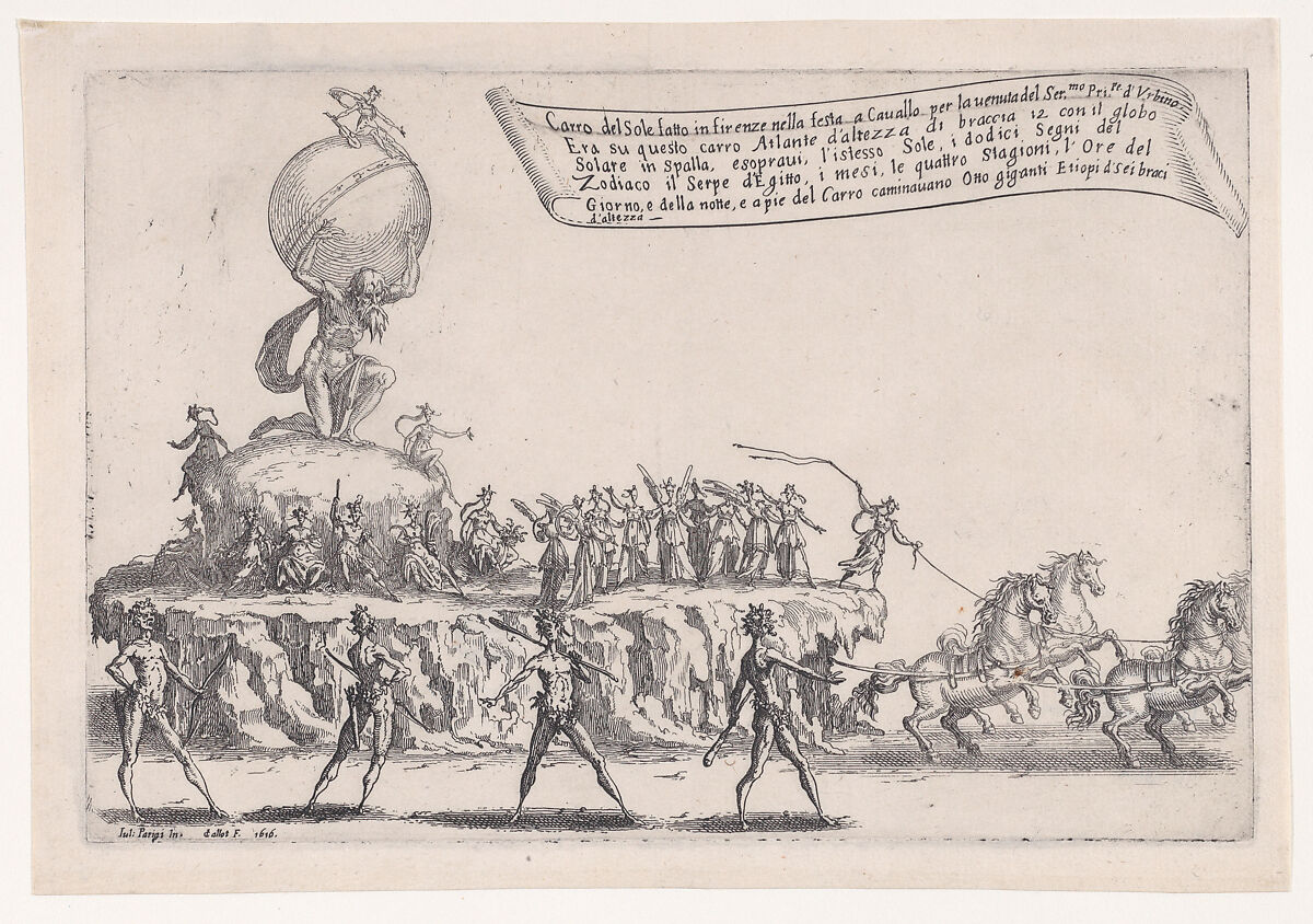 Le Char du Soleil (The Chariot of Sun), from "Guerre de Beauté" (Guerra di Bellezza) (War of Beauty), Jacques Callot (French, Nancy 1592–1635 Nancy), Etching; first state of two (Lieure) 