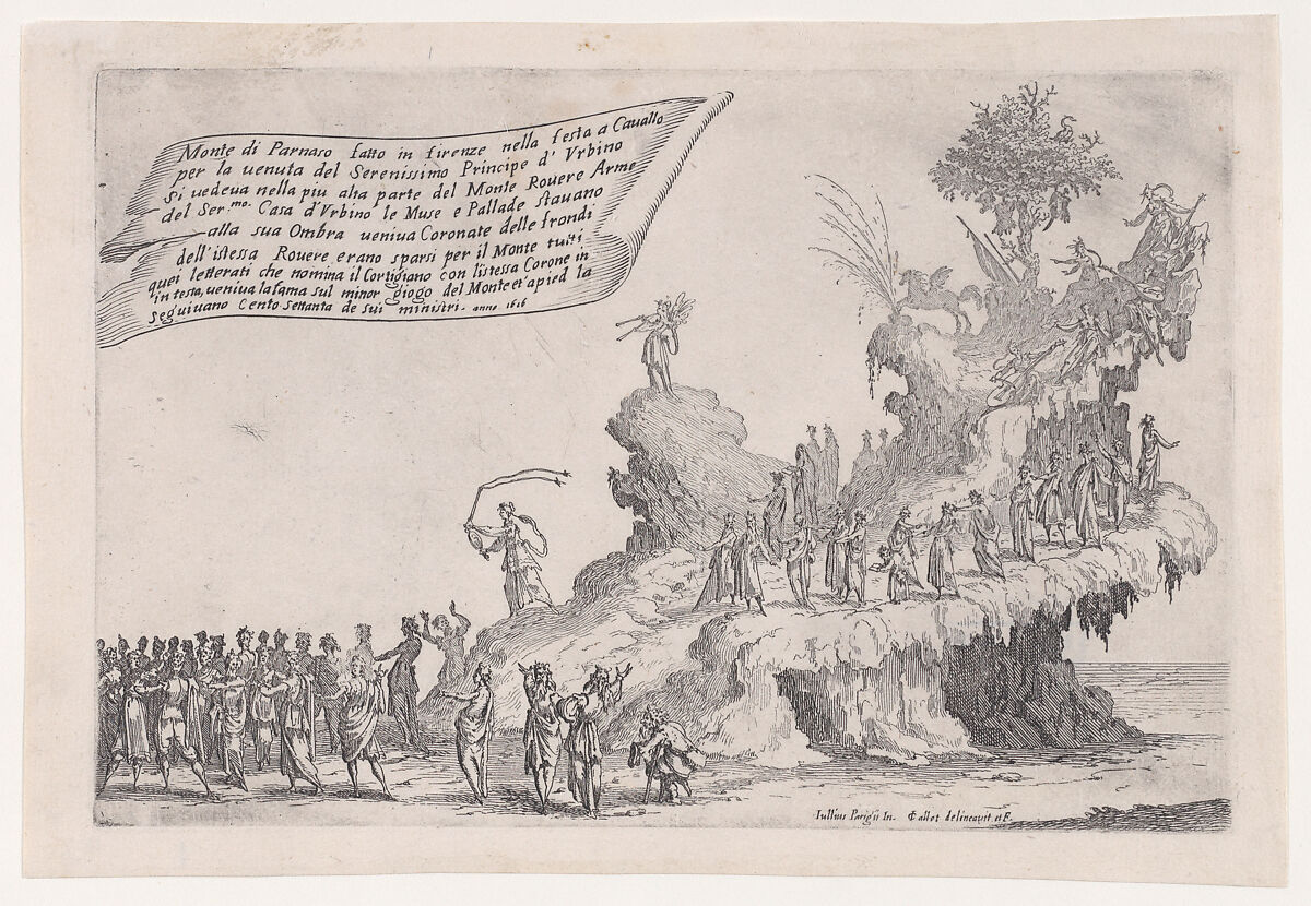 Le Char du Mont Parnasse (The Chariot of Mount Parnassus), from "Guerre de Beauté" (Guerra di Bellezza) (War of Beauty), Jacques Callot (French, Nancy 1592–1635 Nancy), Etching; first state of two (Lieure) 