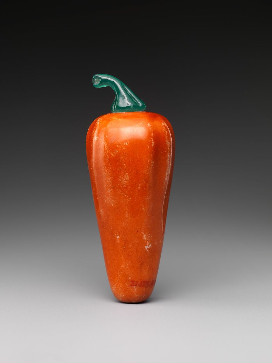 Snuff bottle in the shape of a hot pepper, Porcelain painted with red enamel (Jingdezhen ware) and glass stopper, China 