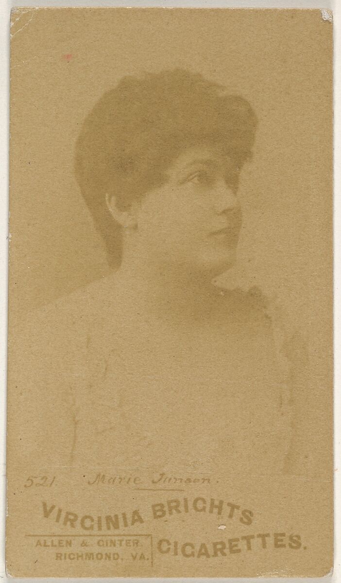 Card 521, Marie Jansen, from the Actors and Actresses series (N45, Type 6) for Virginia Brights Cigarettes, Issued by Allen &amp; Ginter (American, Richmond, Virginia), Albumen photograph 
