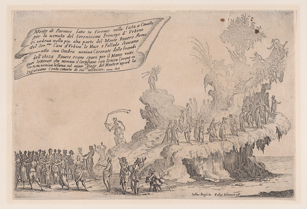 Le Char du Mont Parnasse (The Chariot of Mount Parnassus), from Guerre de Beauté (Guerra di Bellezza) (War of Beauty), Jacques Callot (French, Nancy 1592–1635 Nancy), Etching; first state of two (Lieure) 