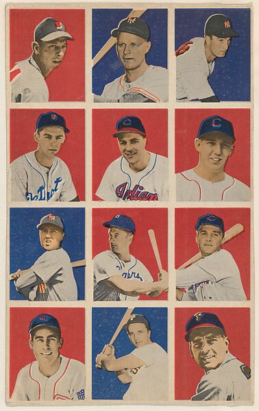 Uncut sheet, part of the 1949 Bowman Baseball series (R406-2) issued by Bowman Gum Company.   Includes Vernon Beckford-No.1, Carroll "Whitey" Lockman-No.2, Bob Forterfield-No.3, Ted Gray-No.10, Lou Boudreau-No.11, Cass Michaels-No.12, Bobby Brown-No.19, Gene Hermanski-No.20, Frank Baumholtz-No.21, Don Kolloway-No.28, Ralph Kiner-No.29, Andy Seminick-No.30., Bowman Gum Company, Commercial color lithograph 
