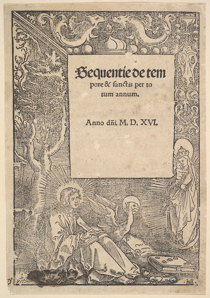 Saint John the Evangelist on Patmos, title page from Hymni de tempore et de sanctis, Hans Baldung (called Hans Baldung Grien) (German, Schwäbisch Gmünd (?) 1484/85–1545 Strasbourg), Woodcut with Letterpress 
