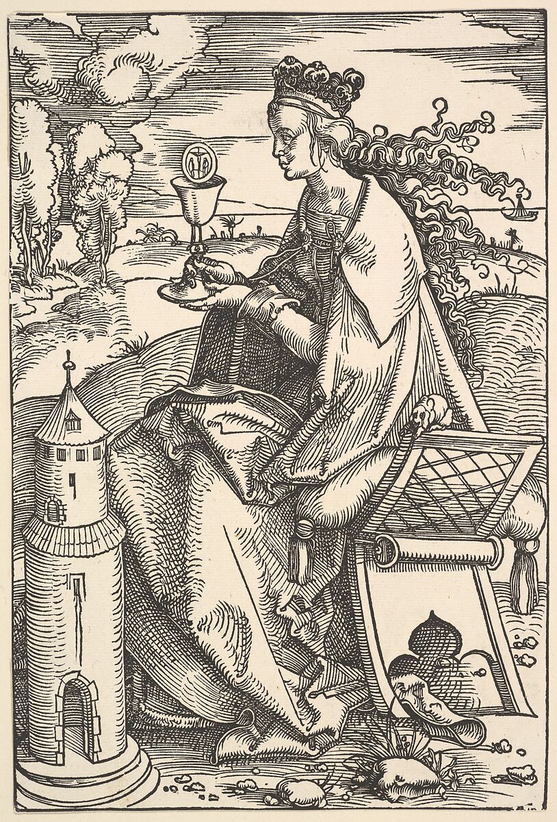 St. Barbara, Hans Baldung (called Hans Baldung Grien) (German, Schwäbisch Gmünd (?) 1484/85–1545 Strasbourg), Woodcut; first of two states 