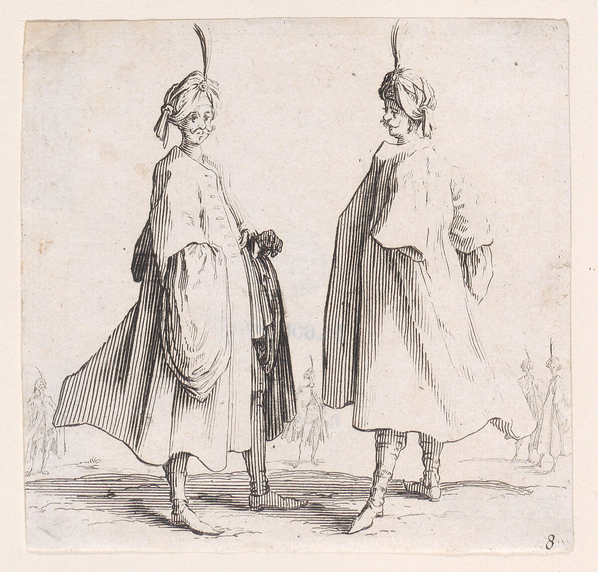 Les Deux Turcs Coiffés d'un Turban Avec un Aigrette (Two Turks Wearing Turbans with an Egret Feather), from Varie Figure (Various Figures), plate 8, Jacques Callot (French, Nancy 1592–1635 Nancy), Etching; third state of three (Lieure) 