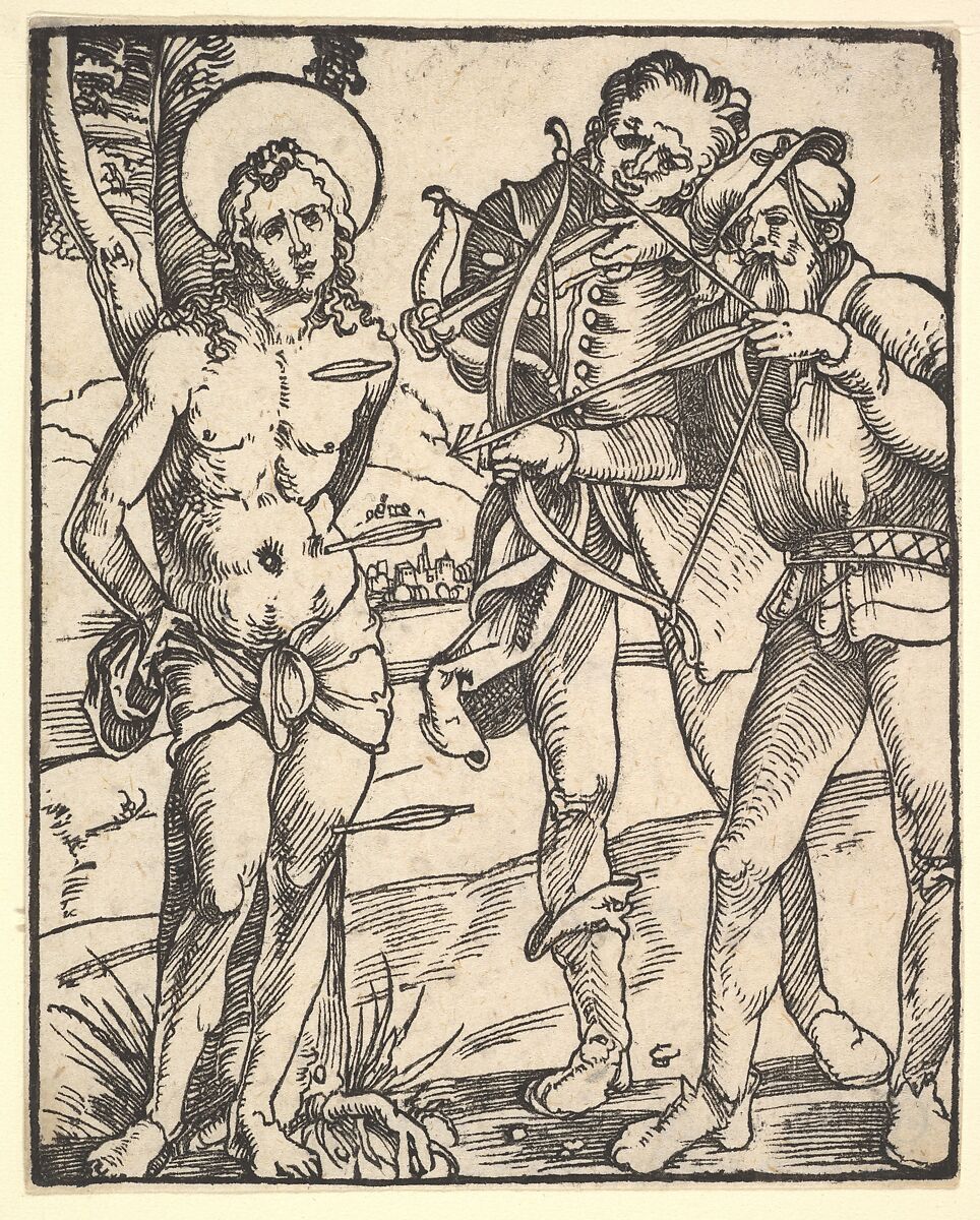 Martyrdom of St. Sebastian with Two Crossbow Men, Hans Baldung (called Hans Baldung Grien) (German, Schwäbisch Gmünd (?) 1484/85–1545 Strasbourg), Woodcut; first of two states 