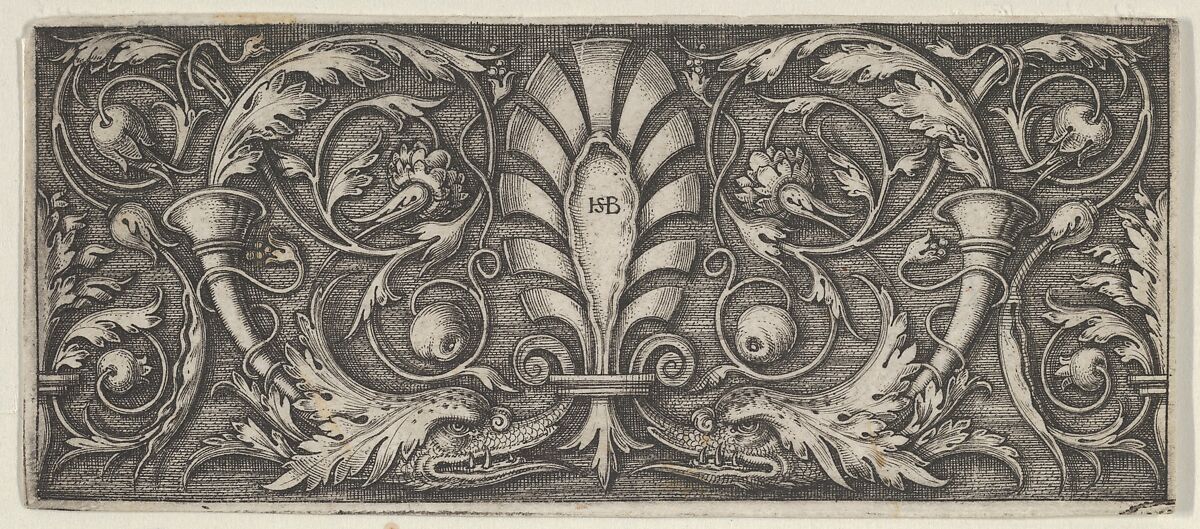 Horizontal Panel with a Central Palmette, Two Dolphins, and Meandering Tendrils, Sebald Beham (German, Nuremberg 1500–1550 Frankfurt), Engraving; first state of two (Pauli) 