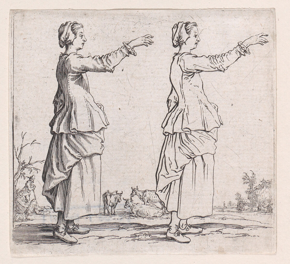 La Paysanne Tournée a Droite, la Main Tendue en Avant (The Peasant Woman Turned  to the Right, her Hand Extended Forward), from "Varie Figure" (Various Figures), Jacques Callot (French, Nancy 1592–1635 Nancy), Etching; first state of four (Lieure) 