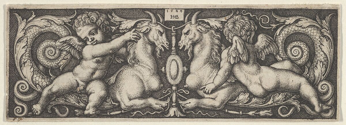 Horizontal Panel with Two Genii Riding on Two Chimeras, Sebald Beham (German, Nuremberg 1500–1550 Frankfurt), Engraving; fourth state of four (Pauli) 