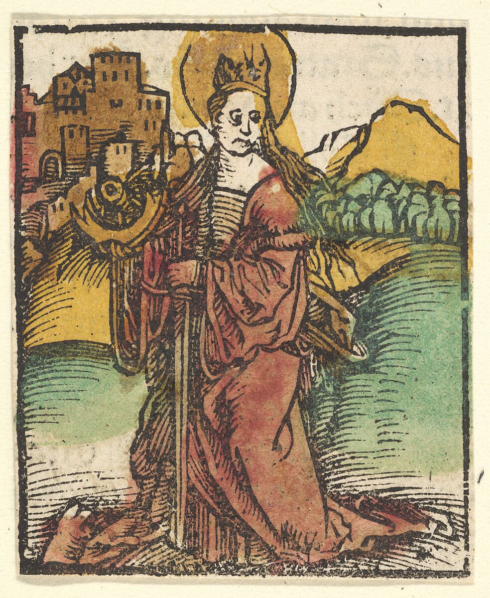 St. Catherine (copy), After Hans Baldung (called Hans Baldung Grien) (German, Schwäbisch Gmünd (?) 1484/85–1545 Strasbourg), Woodcut, hand-colored 