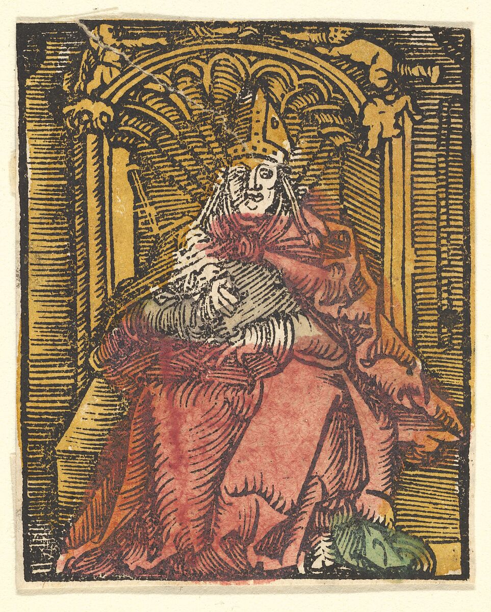 St. Erasmus (copy), After Hans Baldung (called Hans Baldung Grien) (German, Schwäbisch Gmünd (?) 1484/85–1545 Strasbourg), Woodcut, hand-colored 