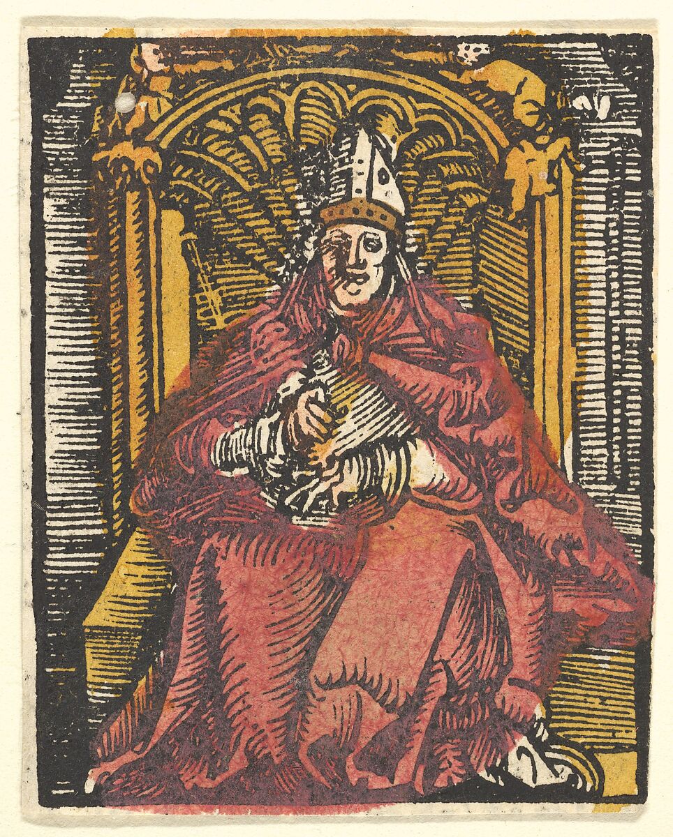 St. Erasmus (copy), After Hans Baldung (called Hans Baldung Grien) (German, Schwäbisch Gmünd (?) 1484/85–1545 Strasbourg), Woodcut, hand-colored 