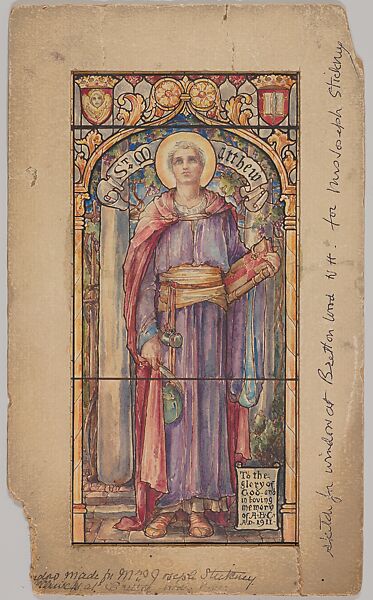 St. Matthew: Design for a Stained Glass Window, Joseph Stickney Memorial Church of the Transfiguration, Bretton Woods, New Hampshire, Designed and drawn by D. Maitland Armstrong (American, Newburgh, New York 1836–1918 New York), Watercolor and ink 