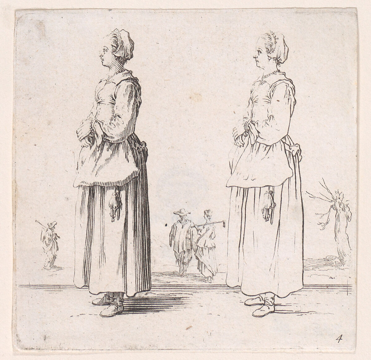 La Paysanne Tournée a Gauche, les Mains Appuyées l'Une sur l'Autre (The Peasant Woman Turned to the Left, One Hand Placed in the Other), from Varie Figure (Various Figures), plate 4, Jacques Callot (French, Nancy 1592–1635 Nancy), Etching; third state of four (Lieure) 