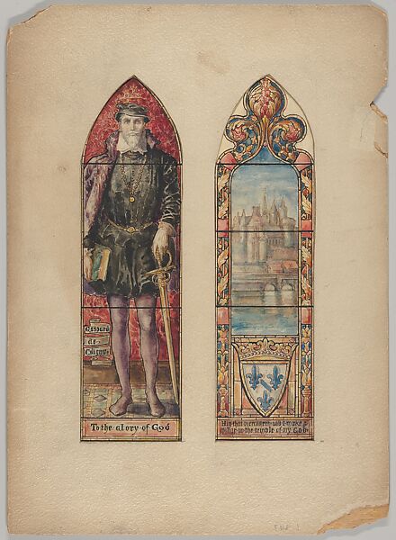 Admiral Gaspard de Coligny and View of Medieval Paris: Designs for the Huguenot Window, First Presbyterian Church, New York City, Designed and drawn by D. Maitland Armstrong (American, Newburgh, New York 1836–1918 New York), Watercolor and ink 