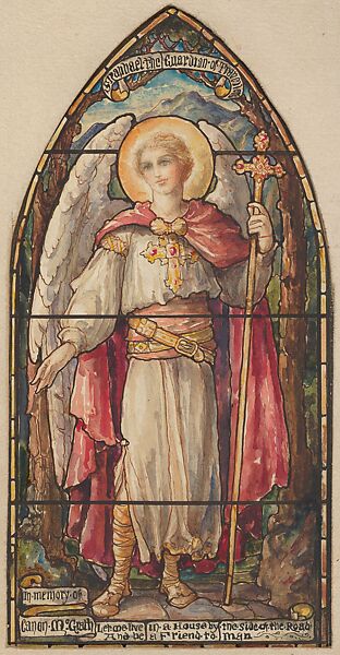 St. Raphael, the Guardian of Travelers: Design for a Stained Glass Window, Memorial to Canon McGrath, Designed and drawn by D. Maitland Armstrong (American, Newburgh, New York 1836–1918 New York), Watercolor and pen and ink 
