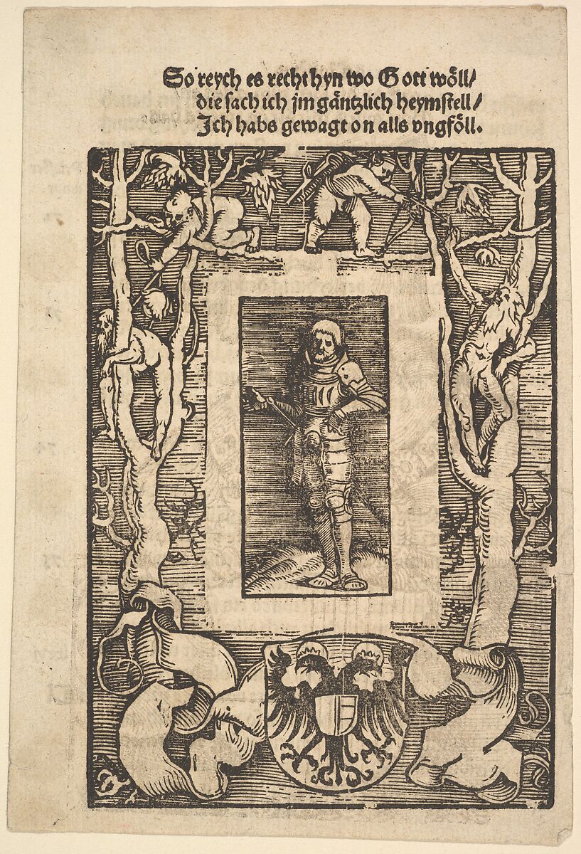 Title Border with Man in Armor in Center, Hans Baldung (called Hans Baldung Grien) (German, Schwäbisch Gmünd (?) 1484/85–1545 Strasbourg), Woodcut 