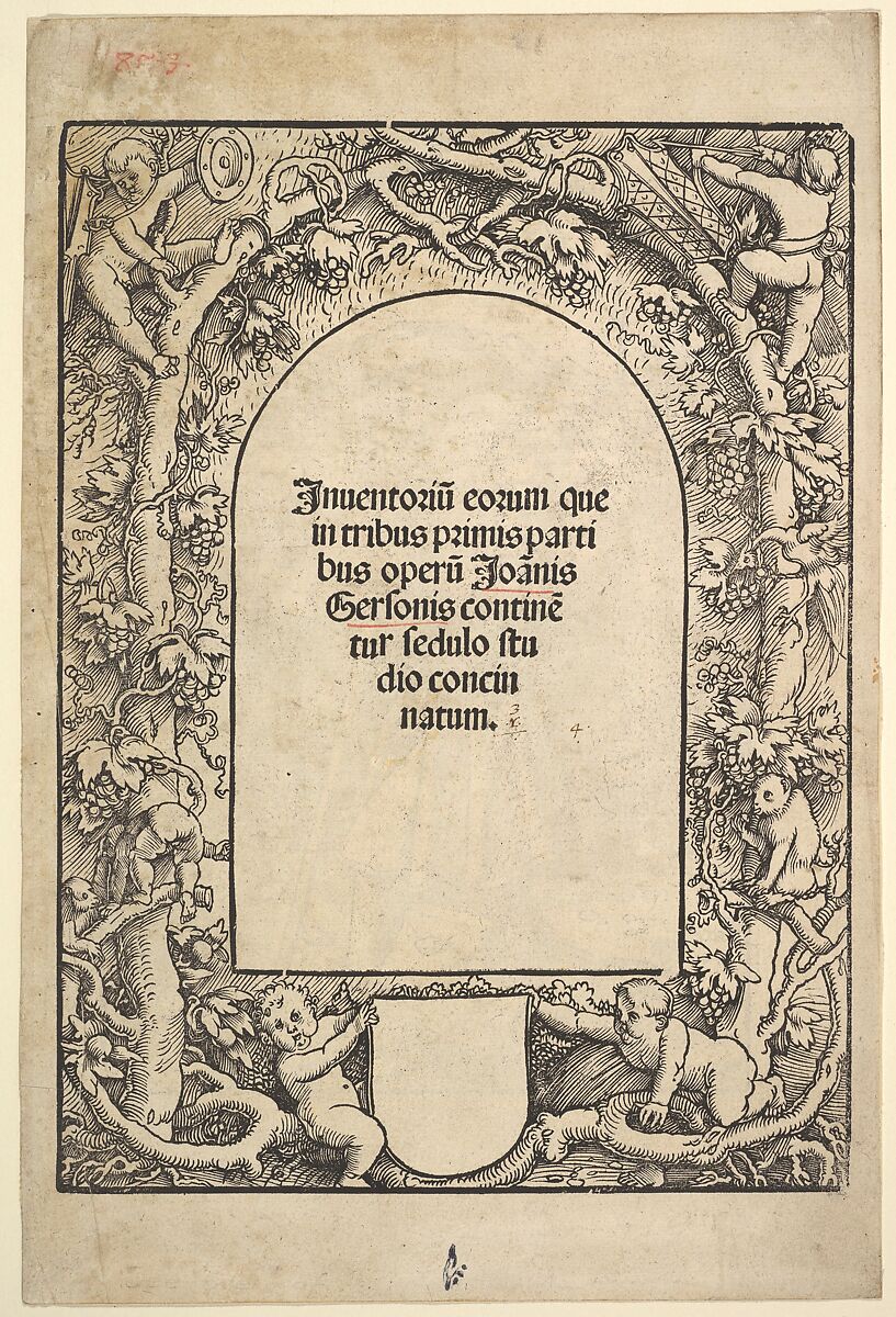 Title Border with Five Genii and a Monkey, Hans Baldung (called Hans Baldung Grien) (German, Schwäbisch Gmünd (?) 1484/85–1545 Strasbourg), Woodcut 